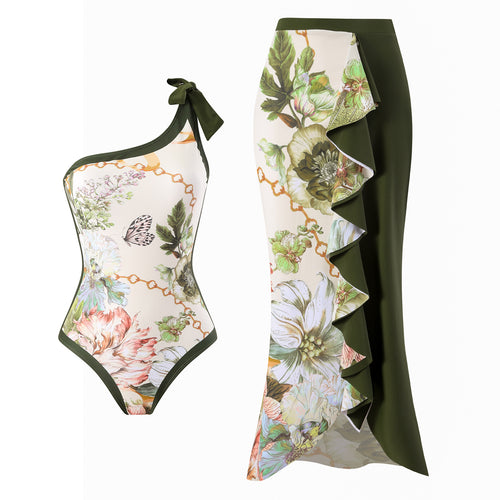 Dame et-stykke badedragt og maxi-nederdel-sæt med blomsterdesign og asymmetrisk snit Stilla