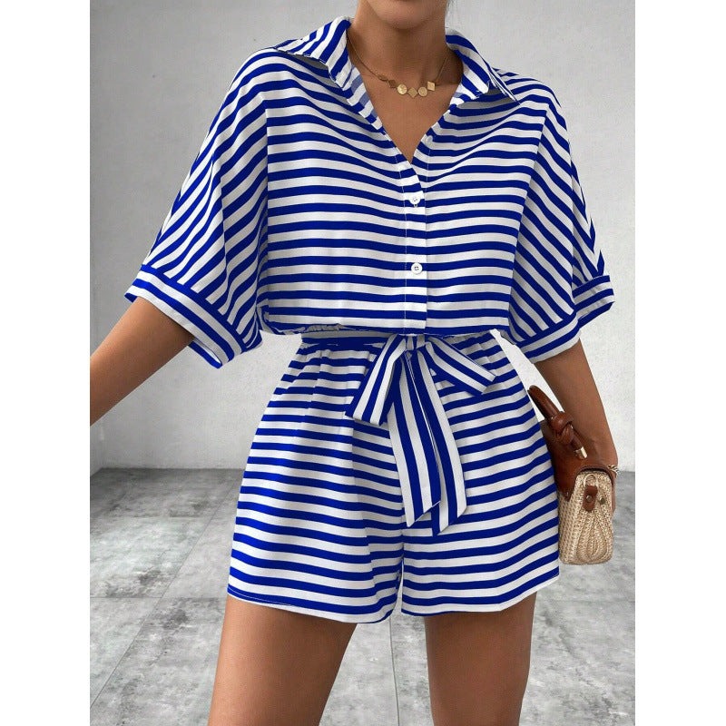 Dame Boxy-shirt og shorts-sæt med stribet design Stilla