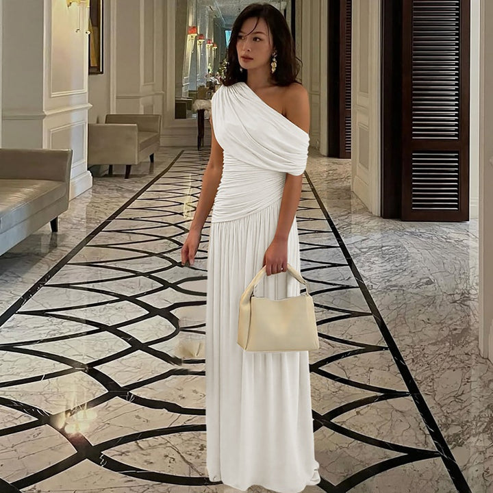 Dame Elegant asymmetrisk maxikjole med draperinger Skovae