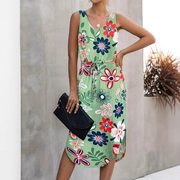 Dame blomsterprint midi kjole med justerbar talje Stilla