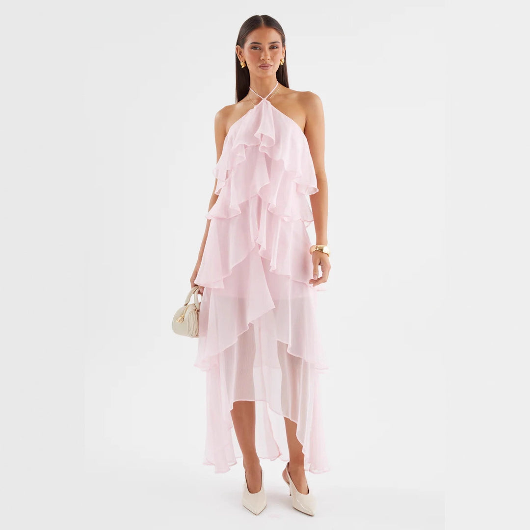 Damer Airy Maxi Kjole med Flydende Volanger og Chic Halterneck Stilla