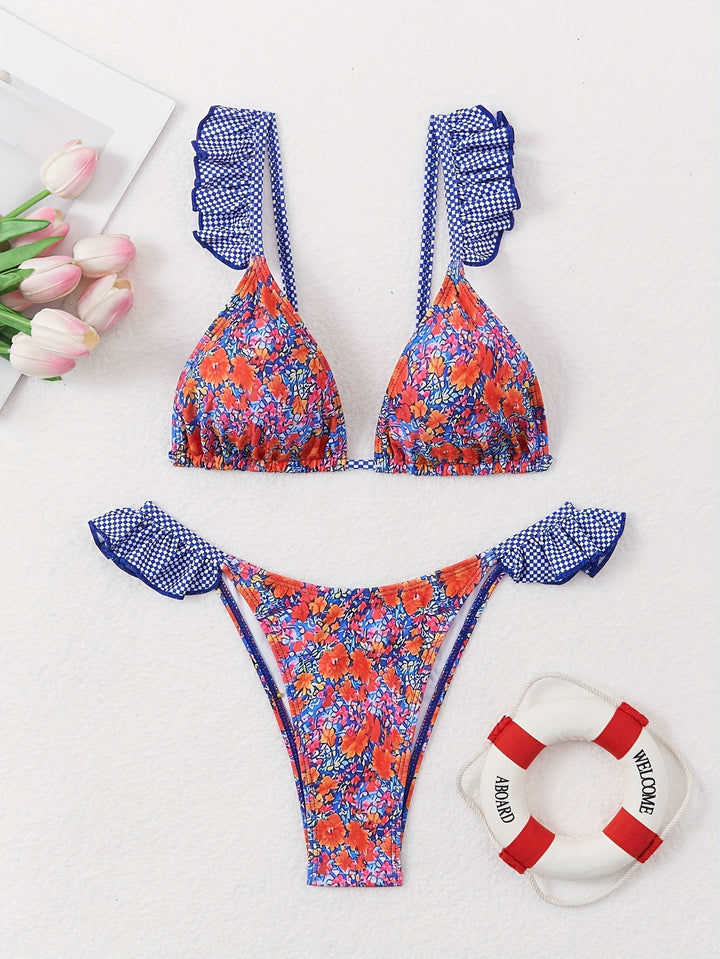 Dame triangel-bikini-sæt med florale ruffles-detaljer og justerbare stropper Stilla