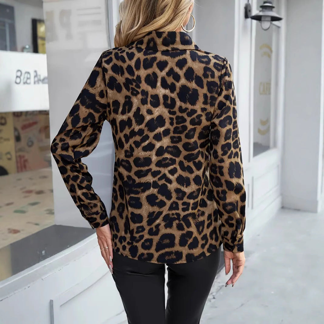 Dame elegant bluse i dyreprint med klassisk krave Stilla