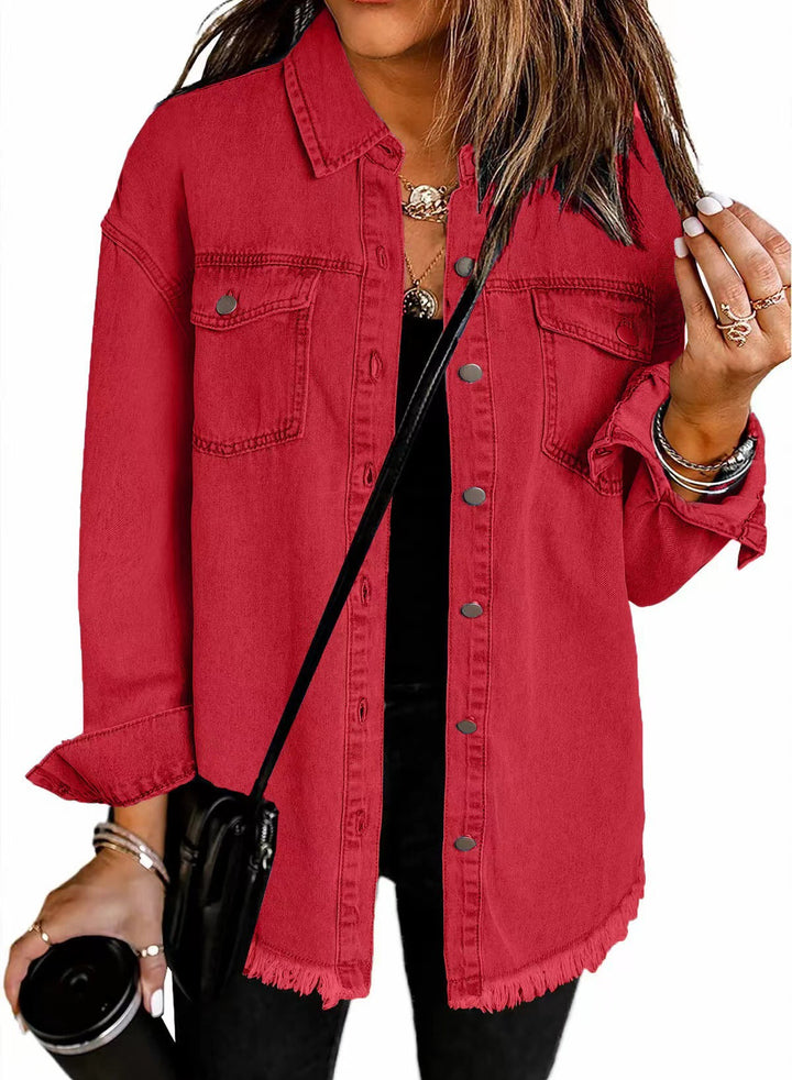 Dame Denim Skjortejakke i afslappet Oversized-stil med frynser Stilla