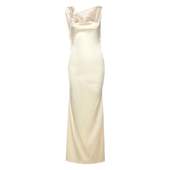 Damer Elegant Satin-maxikjole med asymmetrisk top og flydende snit Skovae