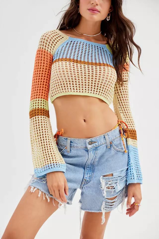 Dame hæklede Crop-Top med brede ærmer og farverige striber Skovae