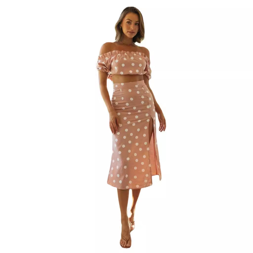 Dame Off-Shoulder Crop Top og Nederdel Sæt med Prikker Stilla
