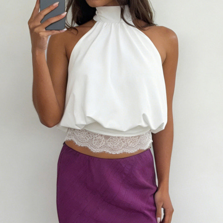 Dame elegant halterneck top med spidsdetaljer og løs pasform Skovae