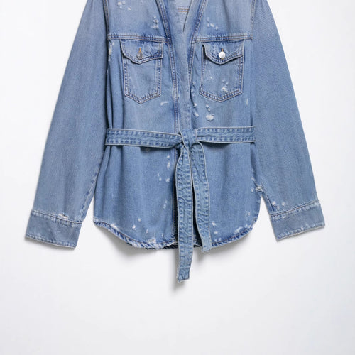 Dame Casual Distressed Denimjakke med bundet bånd Stilla