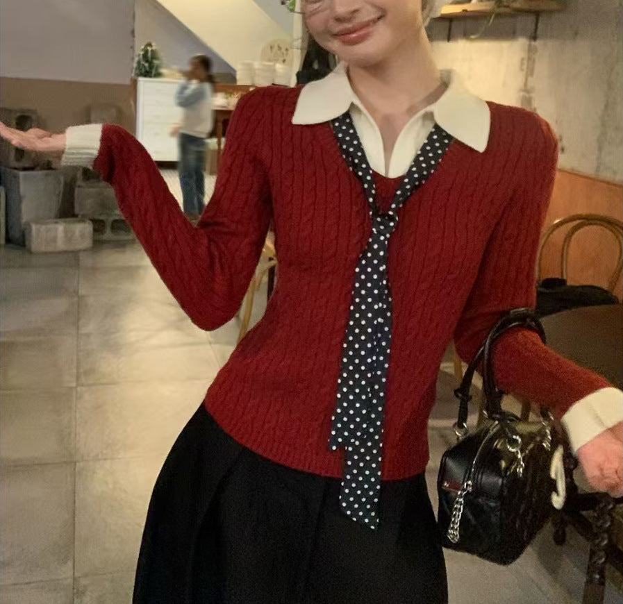Kvinders Ribbet Strik Sweater med Skjorte Krave og Slips Stilla