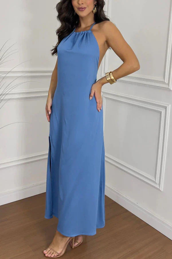 Dame maxikjole med elegant halterneck og svajende kant Stilla
