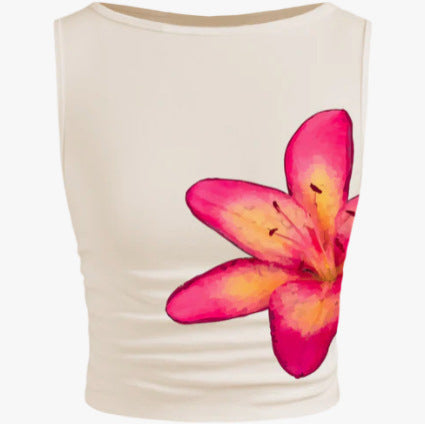 Dame ærmeløs crop-top med blomsterprint og tætsiddende snit Skovae