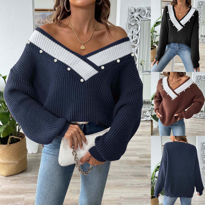 Dame elegant strikpullover med moderne V-udskæring og perleudsmykning Stilla