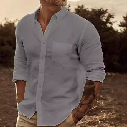 Herrer Elegant Linned skjorte med brystlomme og Slim Fit Stilla