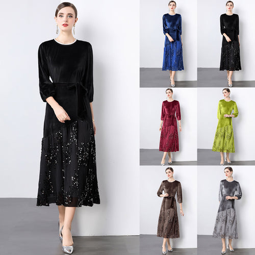 Dame Elegant maxikjole med glitrende velour og kunstneriske udsmykninger Stilla