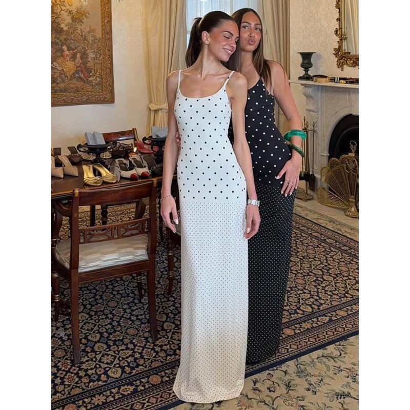 Dame Elegant Polka Dot Maxikjole med justerbare stropper og flydende snit Skovae