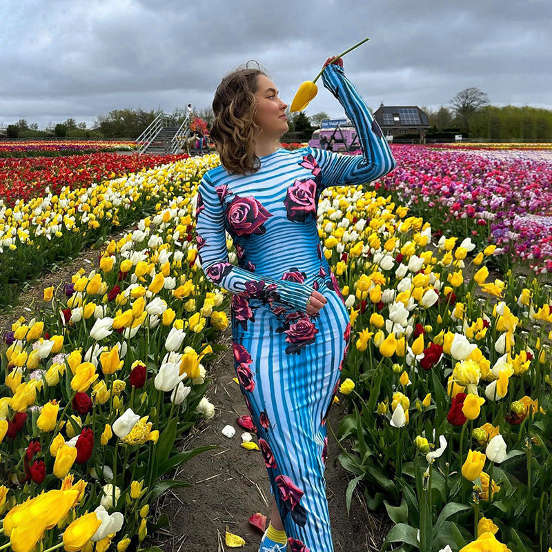 Dame Floral Stribe Bodycon Kjole Stilla