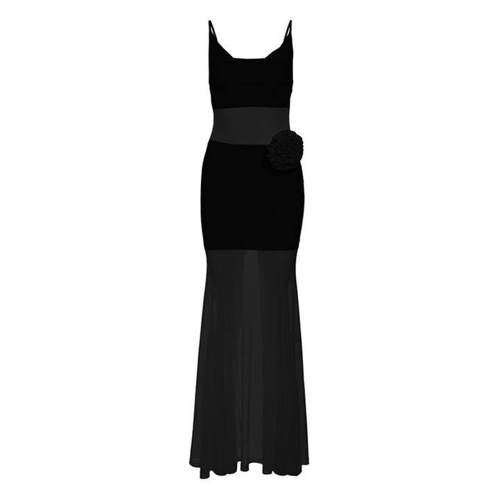 Dame elegant maxikjole med raffineret chiffonbund og blomsterapplikation Stilla