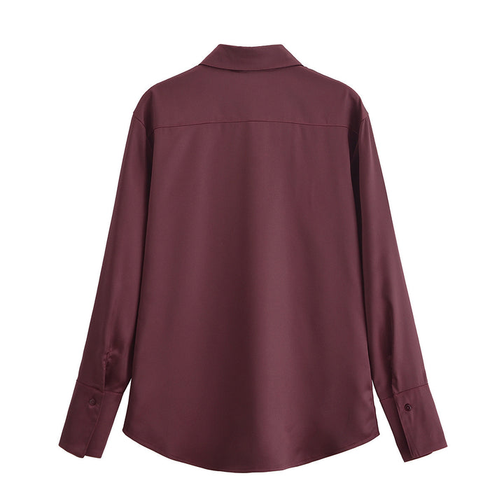 Dame Langærmet Satin Button-Up Skjorte med Lommer-Detalje Stilla