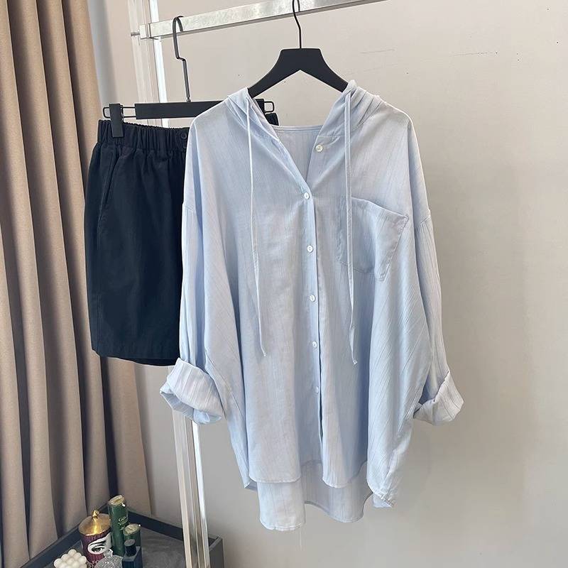 Femme Letvægt Hætte Button-Up Skjorte Stilla