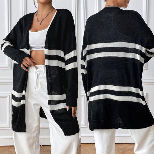 Dame afslappet strik cardigan med fashionable striber Stilla