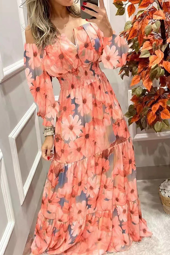 Stilla | Blomster Off Shoulder V-hals Maxi Kjole
