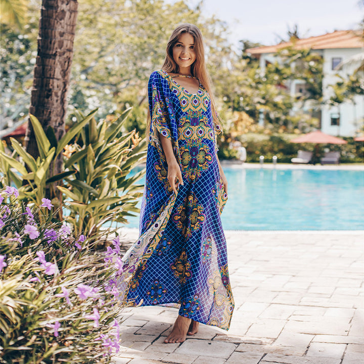Dame Let Kaftan med farverigt blomstermønster og sidelommer Stilla