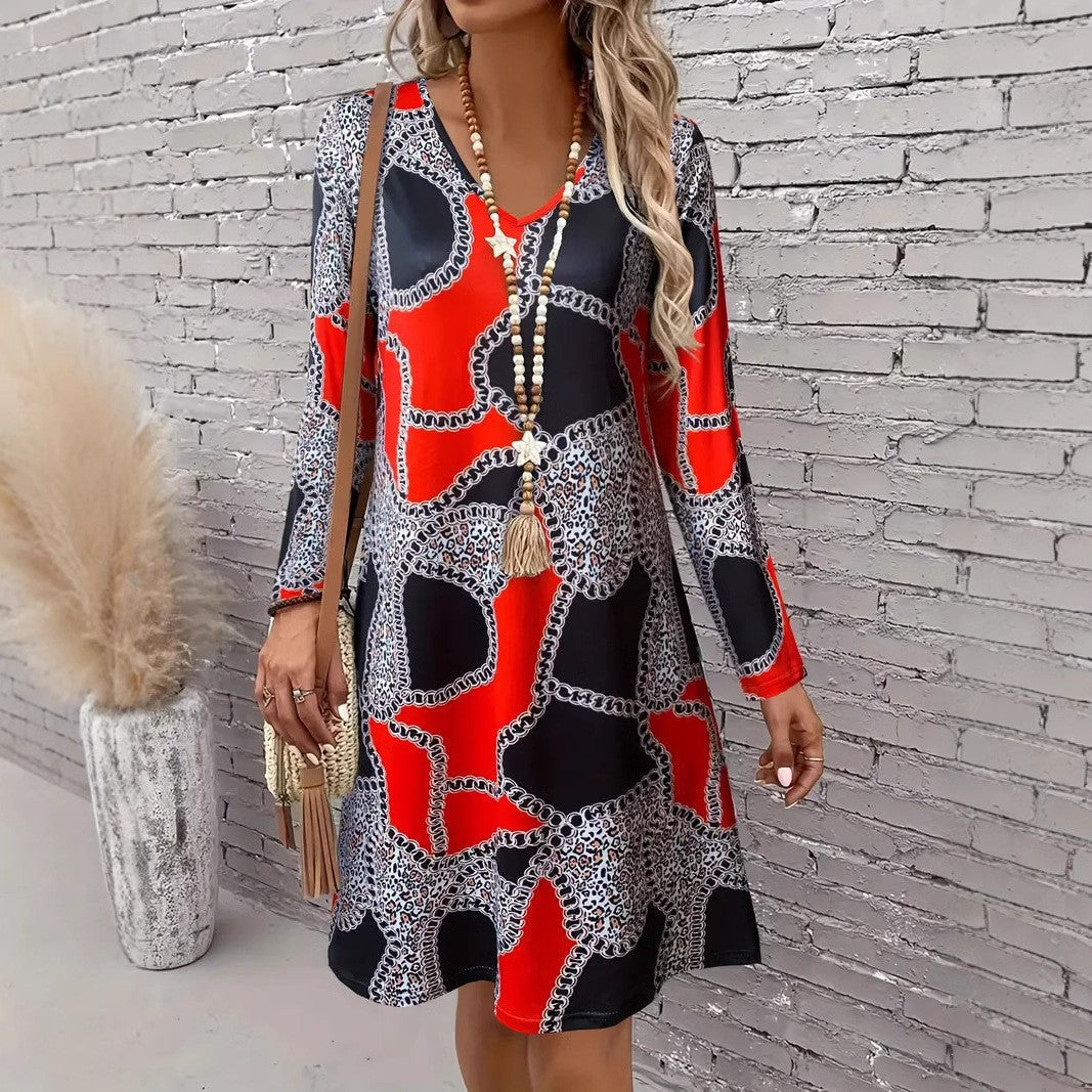Stilla | Trendy Print Langærmet Løs V-Hals Kjole