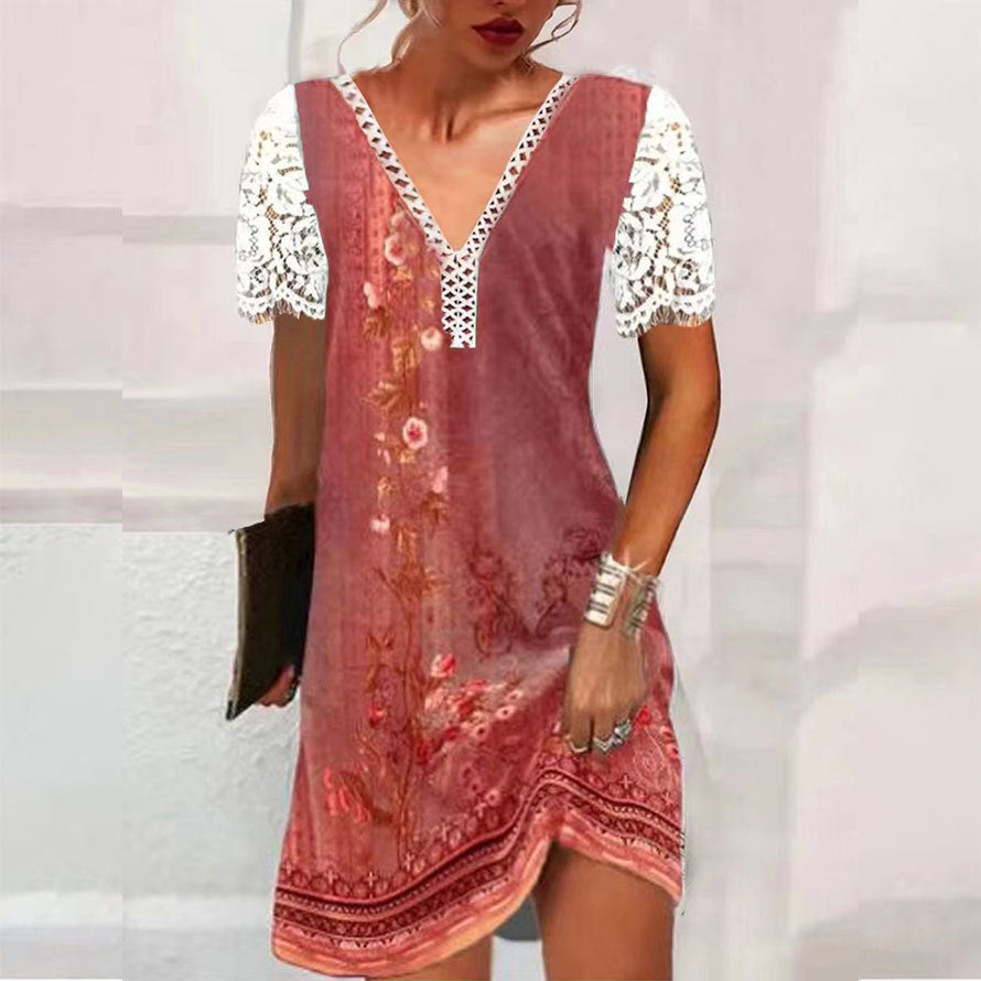 Stilla | Elegant Print Blondeærme V-Hals Kjole