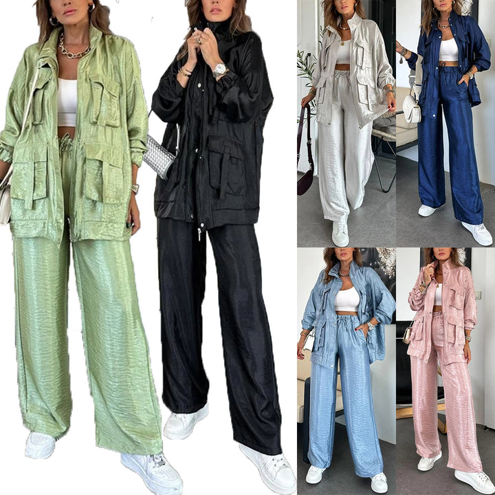 Dame Casual-Look Utility-Sæt i skinnende stof med lommer Stilla