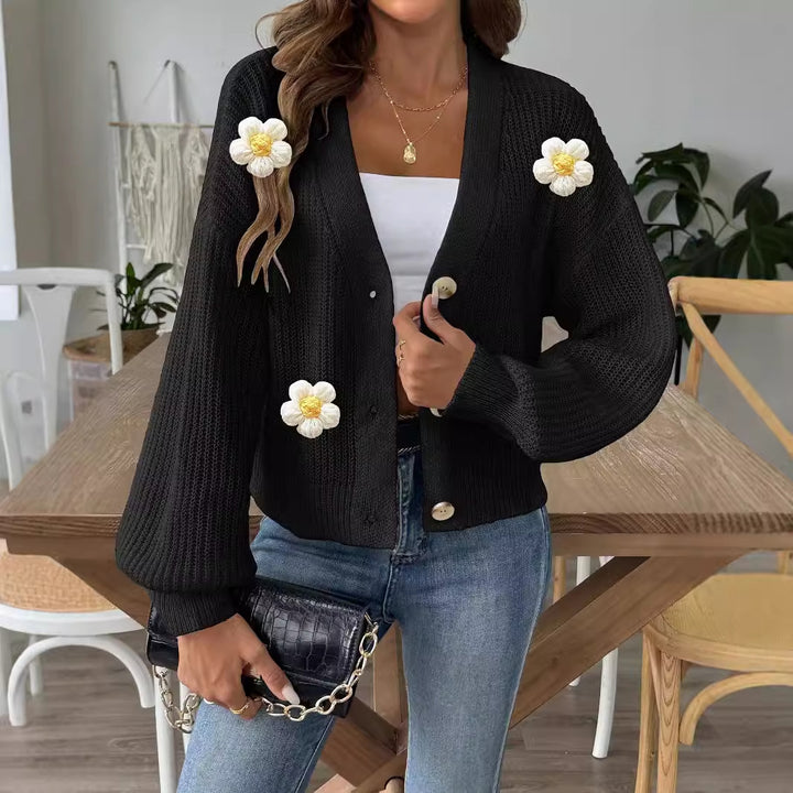 Damer moderigtig strik-Cardigan med innovativt blomstermotiv og ballonærmer Stilla