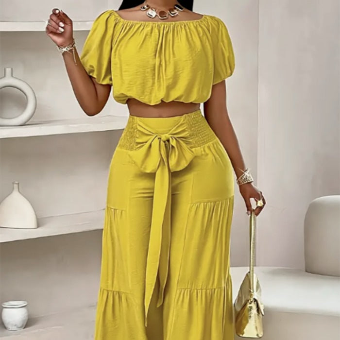 Damer Off-Shoulder Crop Top og Højtaljede Palazzo Bukser Sæt Stilla