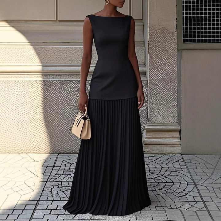 Damer Elegant Maxi Kjole med Højskåret Top og Plisseret Nederdel