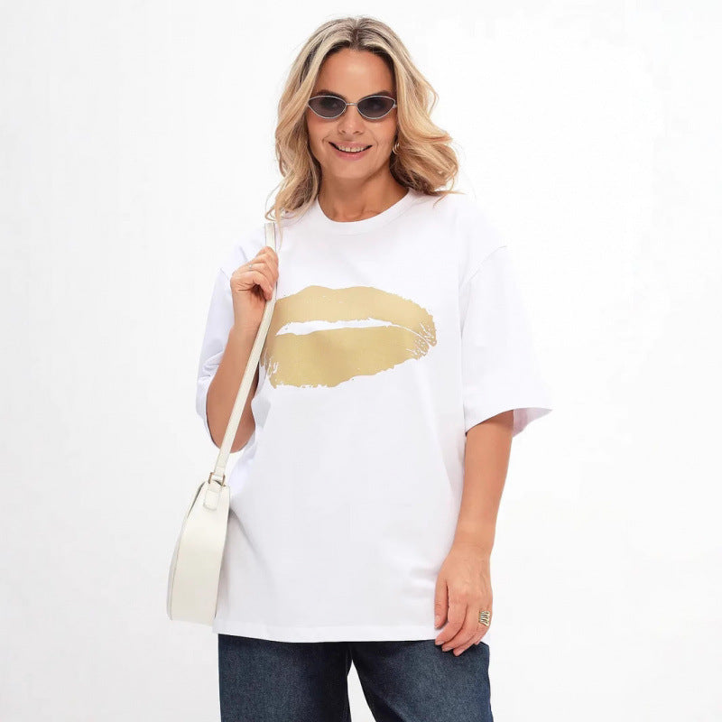 Dame Oversized T-shirt med glamorøs læbeapplikation og løs pasform Stilla