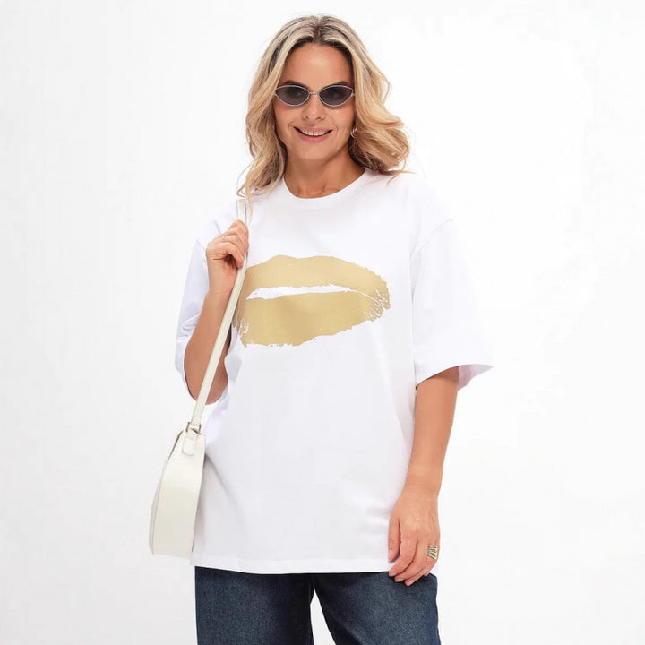 Dame Oversized T-shirt med glamorøs læbeapplikation og løs pasform Stilla