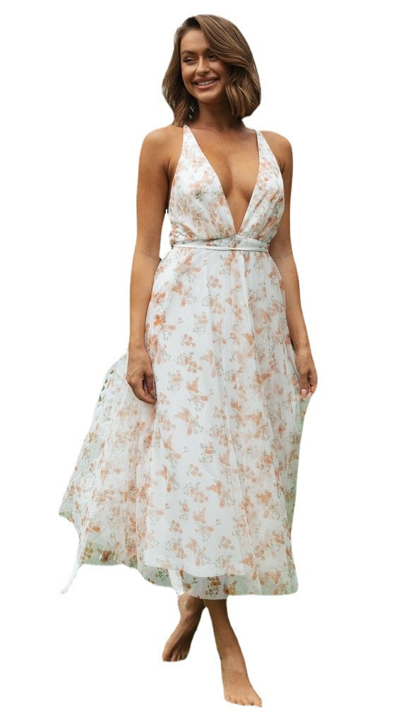Kvinders Maxi Kjole med Dybt V-Hals og Flad Chiffon Stilla