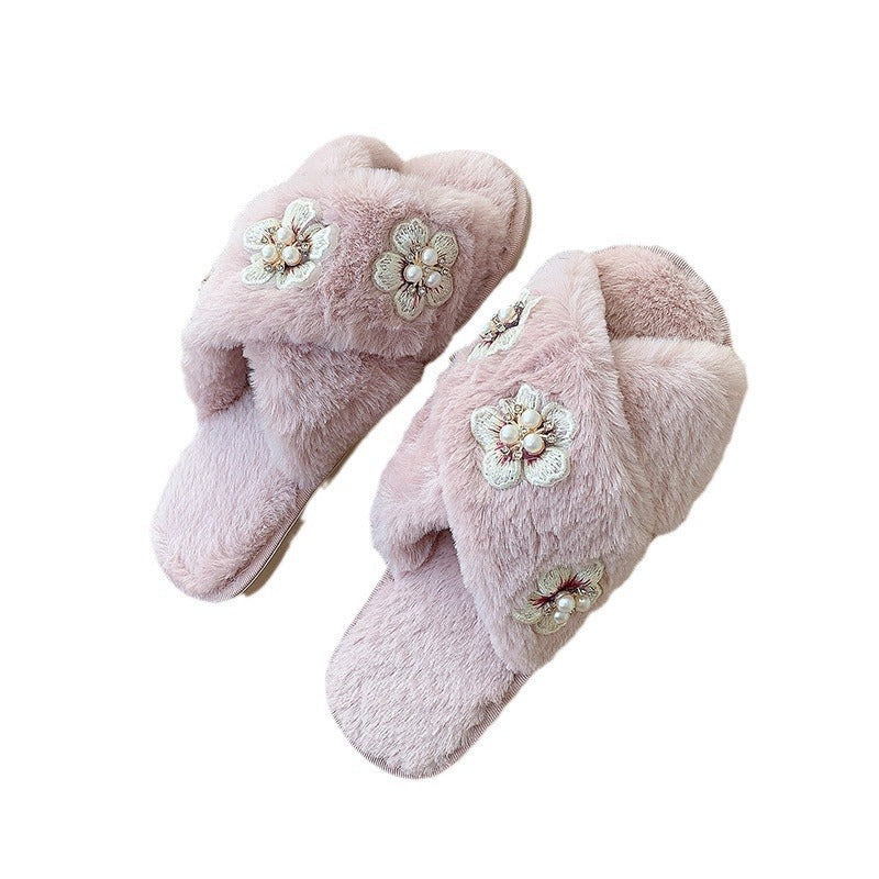 Dame Fluffy Pantoletten med sarte Blomsterapplikationer og behagelig Fodbed Stilla