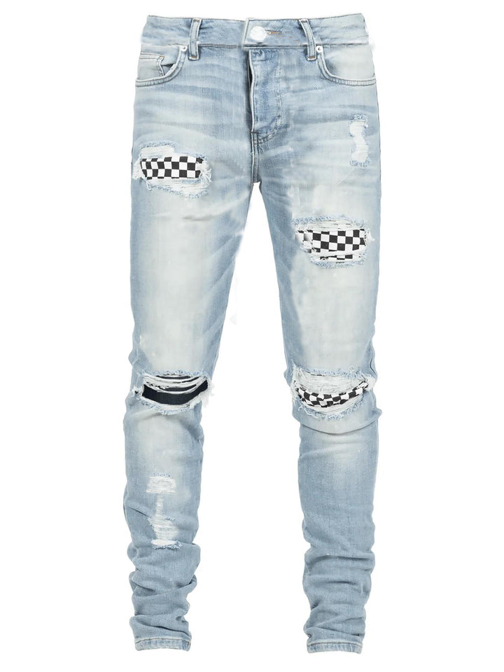 Herrer Slim-Fit Jeans med iøjnefaldende destruktionsdetaljer og ternede applikationer Stilla