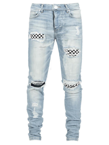 Herrer Slim-Fit Jeans med iøjnefaldende destruktionsdetaljer og ternede applikationer Stilla