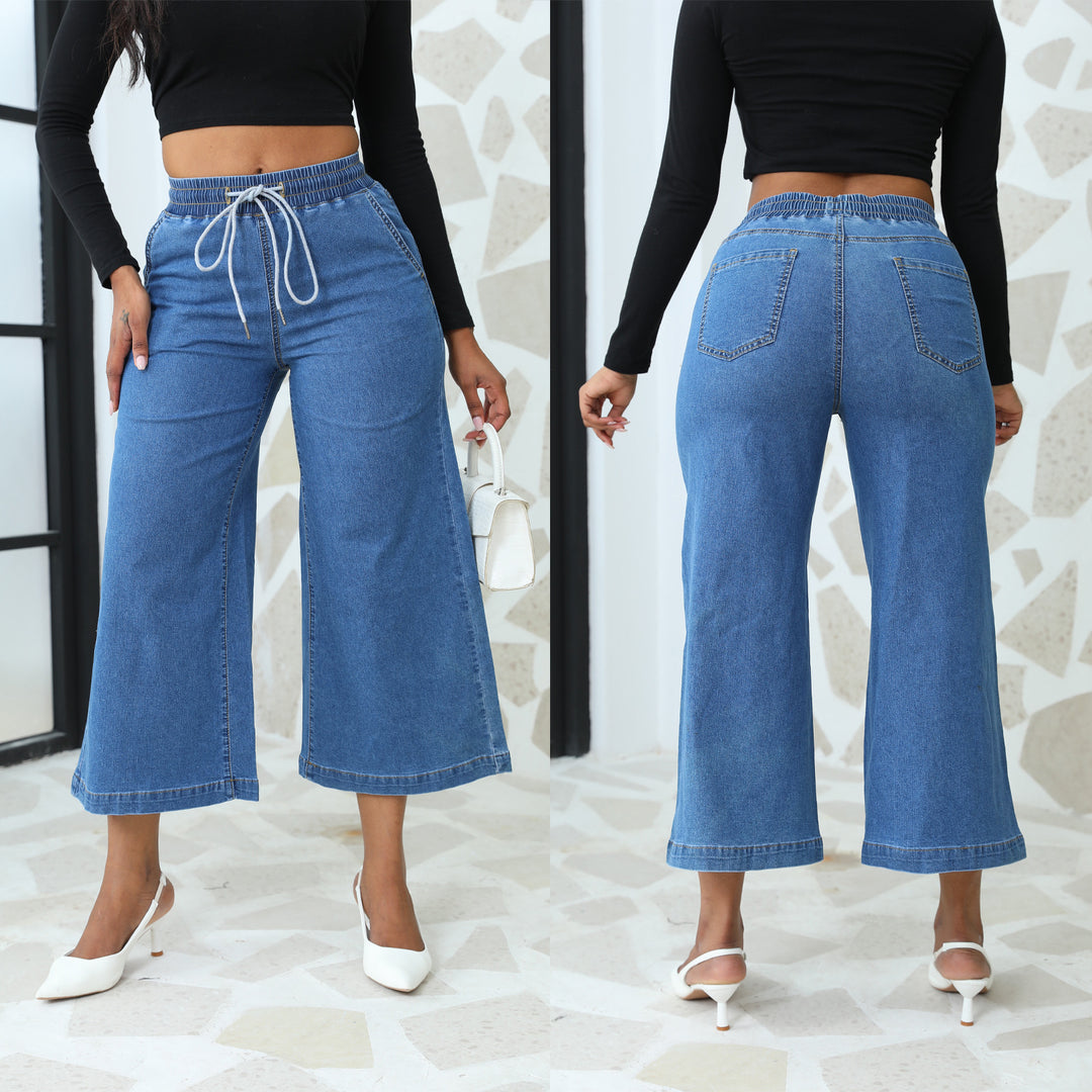 Dame brede denimbukser med elastisk linning og praktiske lommer Stilla