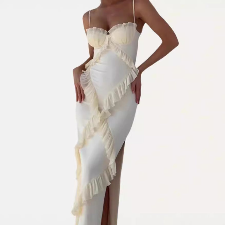 Dame Silke Maxikjole med elegante flæsedetaljer og strapless design Stilla