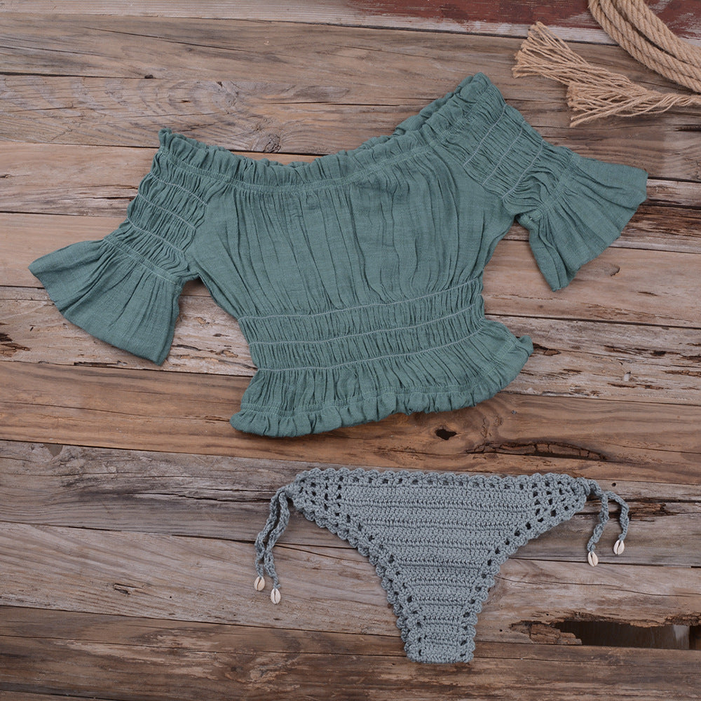 Damehækle-bikini-top og trusser-sæt med flæser og sommerligt design Stilla