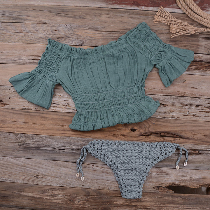 Damehækle-bikini-top og trusser-sæt med flæser og sommerligt design Stilla