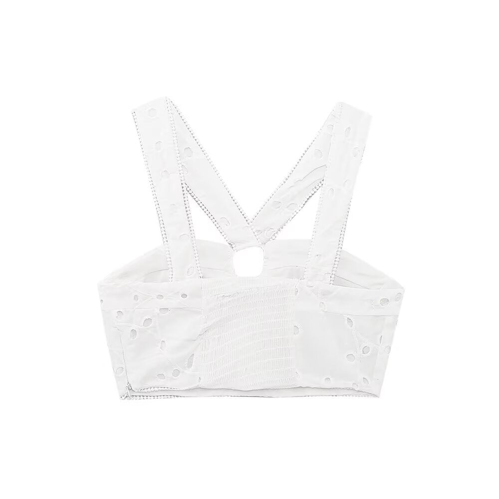 Dame Brokat-Crop-Top med elegant udfletning og dekorerede stropper Skovae