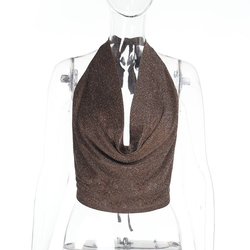 Dame Elegant Halter-Crop-Top med skimrende stof Skovae