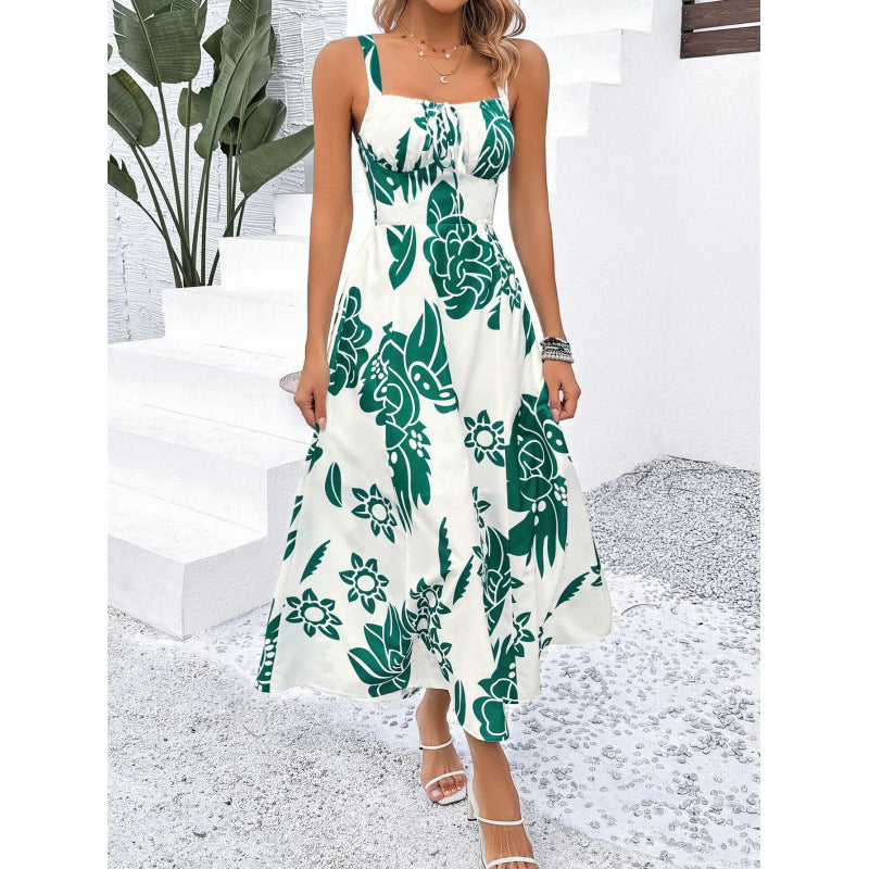Dame Floral Print A-Line Midi Kjole med justerbare stropper Stilla