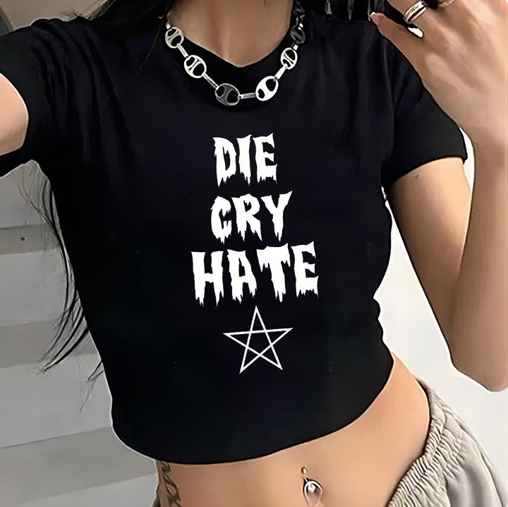 Dame Crop-T-shirt med iøjnefaldende grafisk design og frækt statementtryk Skovae
