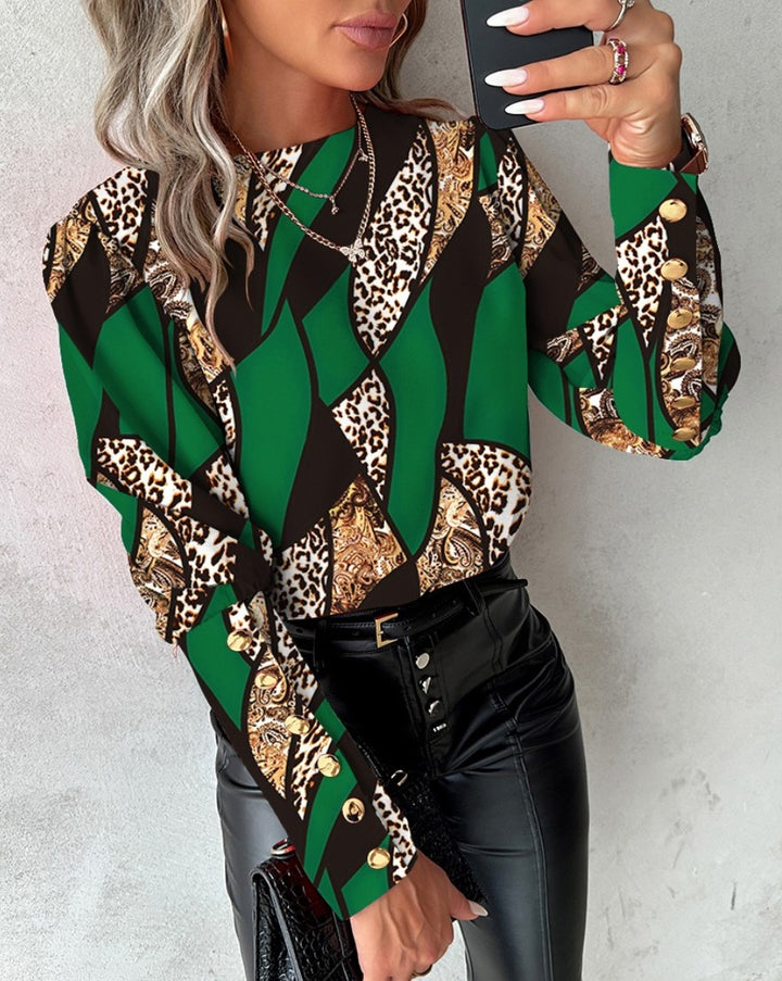 Dame Mode Bluse med unikt mønster og gyldne knapper Stilla