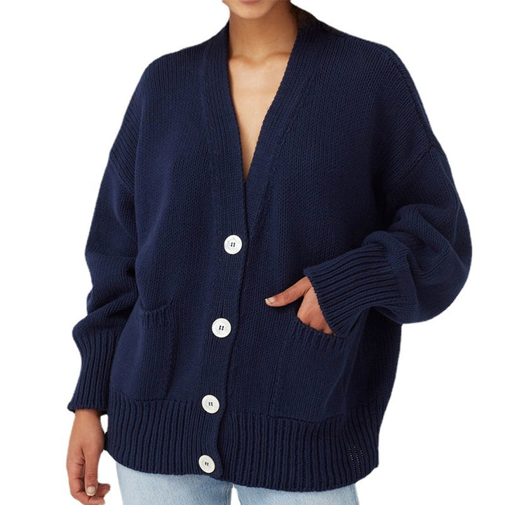 Dame Oversized Strikjakke med Lommer og V-Hals Stilla