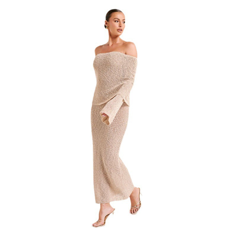 Dame Elegant strikkjole med aftageligt off-shoulder-design og gennemsigtigt hulmønster Stilla